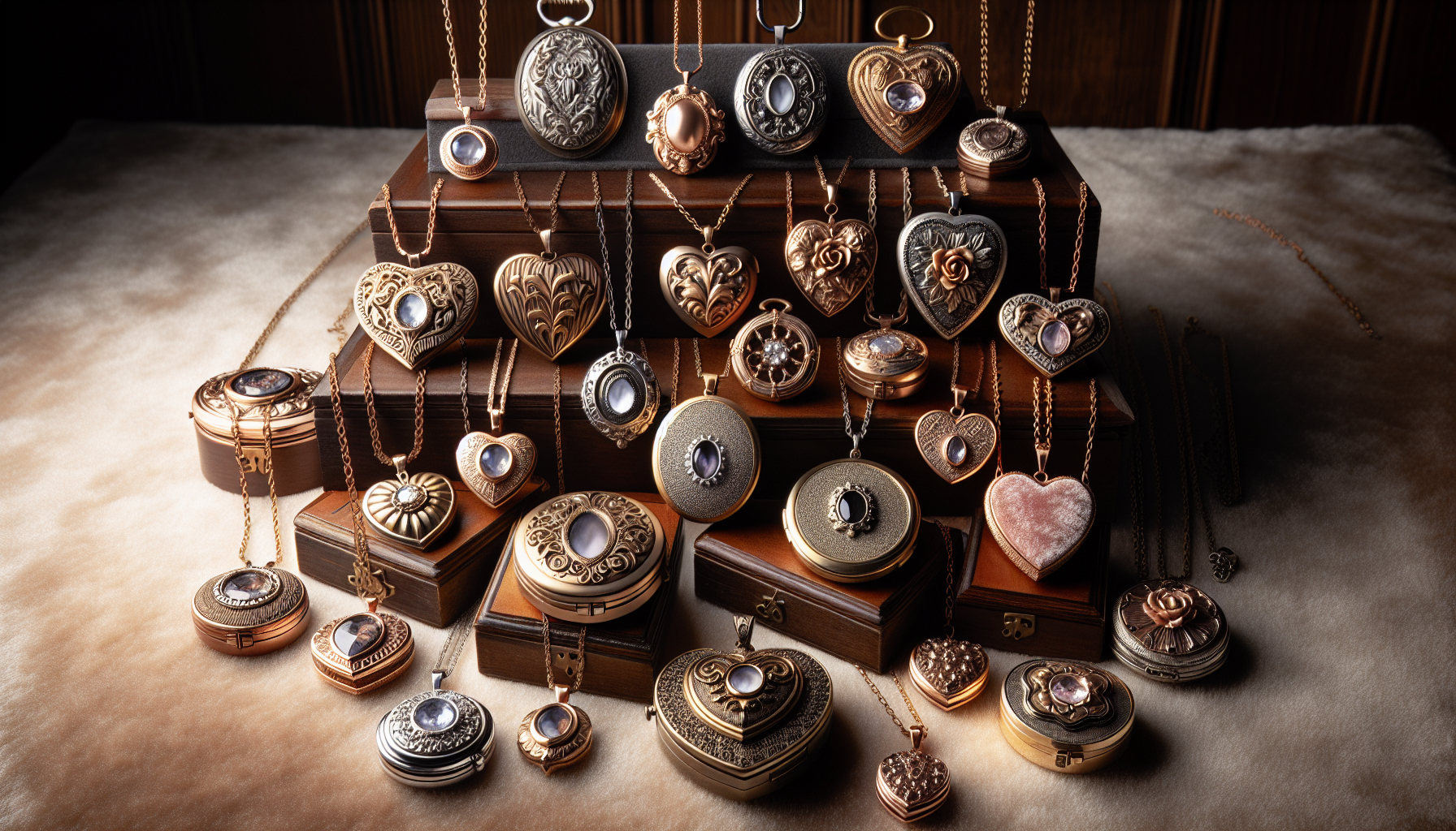 Visualize an assortment of locket style necklaces, representing a timeless accessory trend. Display these necklaces against a plush velvet surface elevated by antique wooden stands. Each locket should