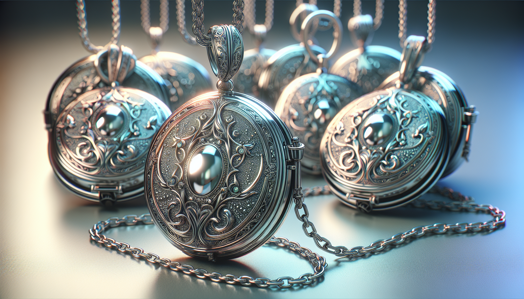 A detailed and stunning visualization of silver locket pendants, hanging with elegance and grace. They shimmer in the subtle light, reflecting alluring and captivating hues that draw attention immedia