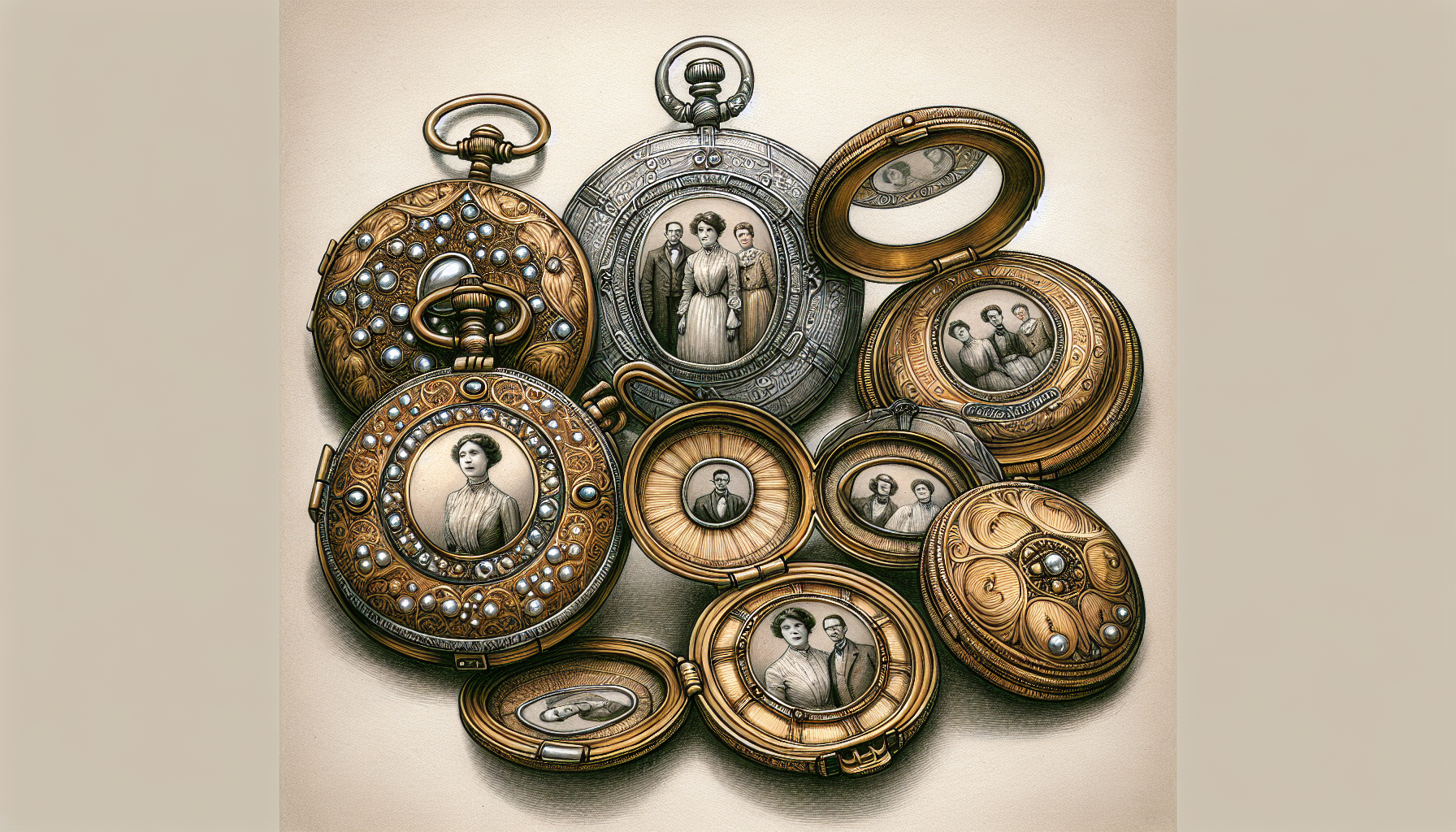 An illustrative depiction of vintage lockets, finely crafted from ornate gold and silver. Inside each locket, there is a small sepia-toned photograph, gently faded with time, a cherished memory kept c