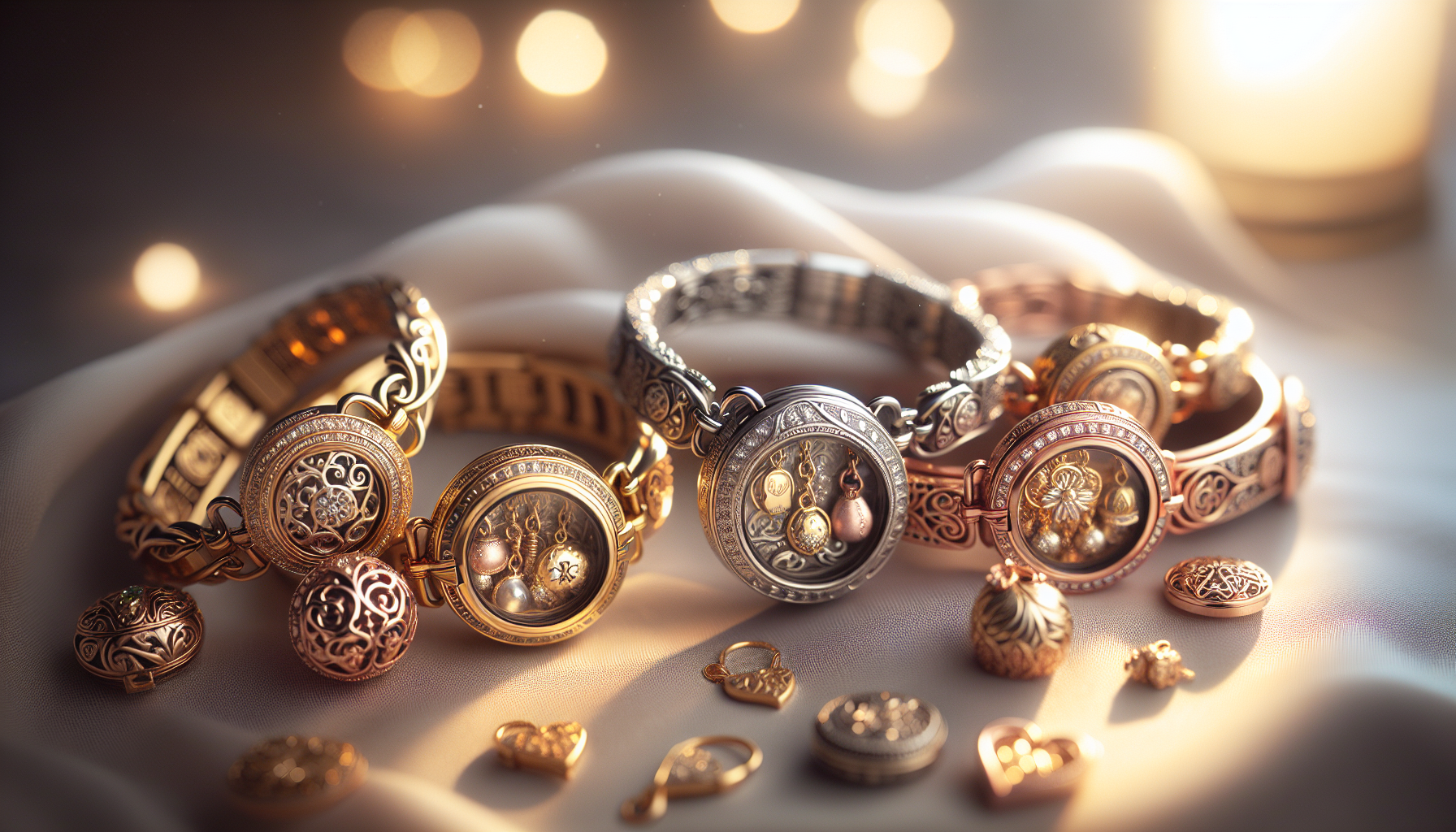 A heartwarming scene capturing the enchantment of living locket bracelets. The bracelets are ornately designed, depicting intricate details and each locket has tiny charms inside, each representative 