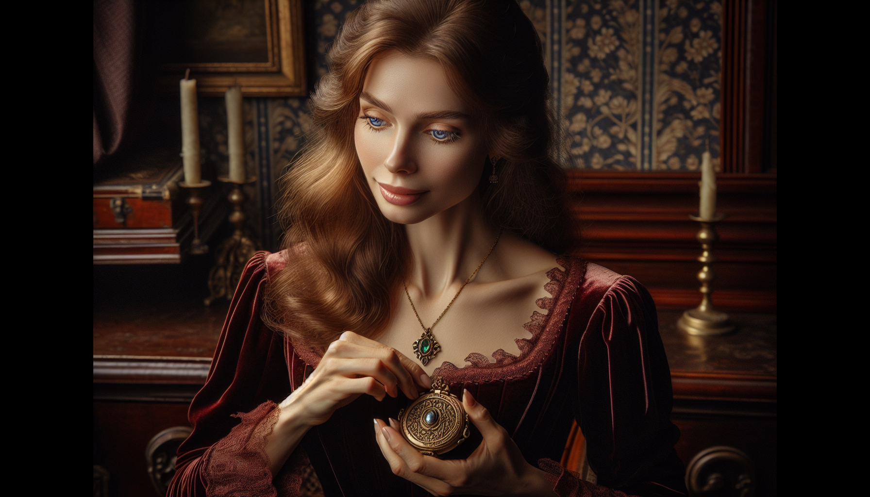 A detailed scene portraying a gentle, Caucasian woman with long chestnut hair in her early thirties. She's wearing a warm maroon velvet dress, seated in a vintage setting with a backdrop of mahogany f
