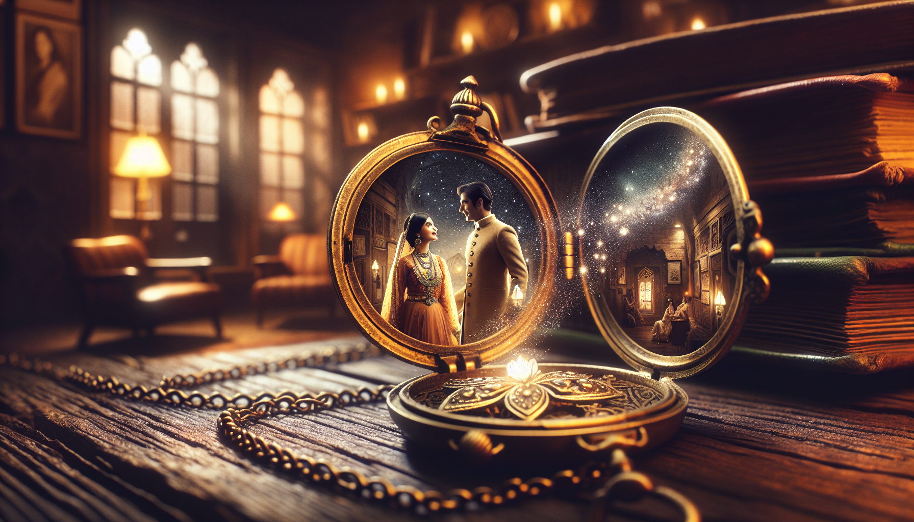 Envision an enchanting scene showcasing the magic of locket necklaces. A vintage golden locket necklace lays open on a rustic wooden table, revealing two old sepia-toned photographs inside. Through th