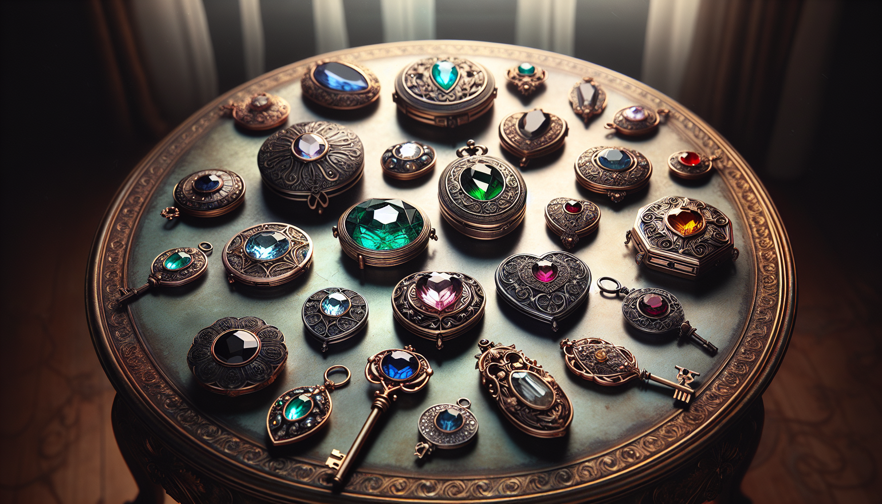 A depiction of an antique table against an elegant, softly lit background. On the table lies an array of intricately detailed lockets spread out. They're in varying shapes - circle, square, heart and 