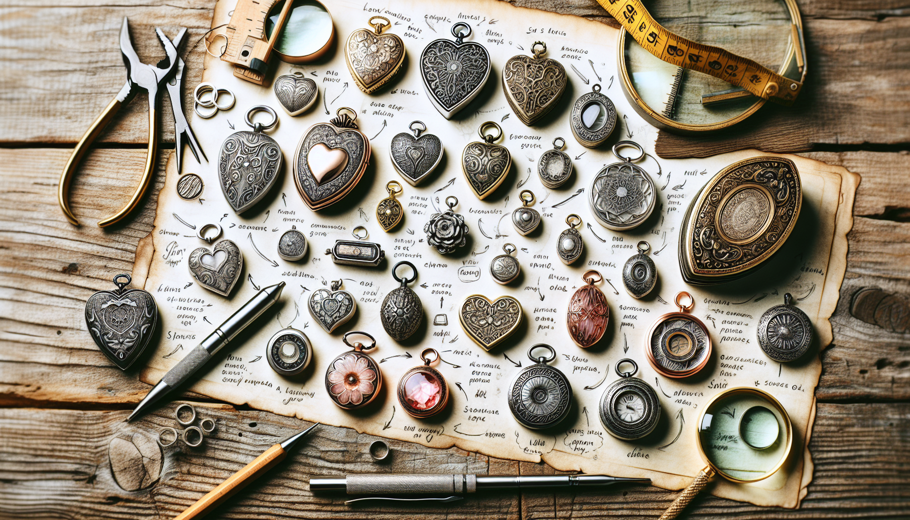 An intricate guide to choosing lockets for crafting jewelry. The image features a variety of lockets spread out on an antique wooden table, each with different shapes such as hearts, ovals, and square