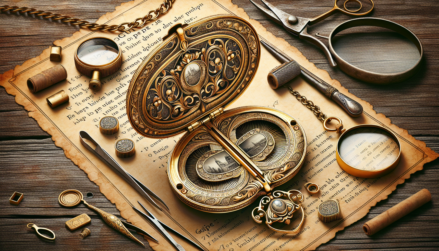 An educational illustration of a stunningly intricate, vintage gold locket of Victorian design. The locket is open to reveal empty photo slots, the twin slots are awaiting delicately for memorable pic