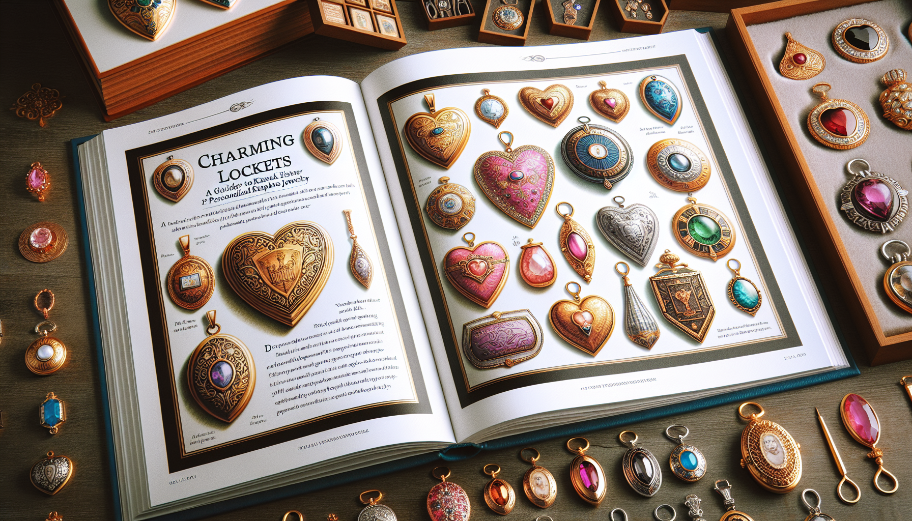 Create an image of an open book titled 'Charming Lockets: A Guide to Personalized Keepsake Jewelry'. The left page has detailed text about the history and meaning of lockets, while the right page show