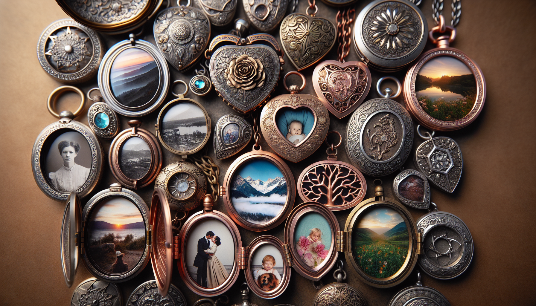 A picturesque array of various intricate lockets opened to reveal tiny photo galleries within. Each locket reflecting a unique journey; a locket from a Victorian era showcasing a black and white famil