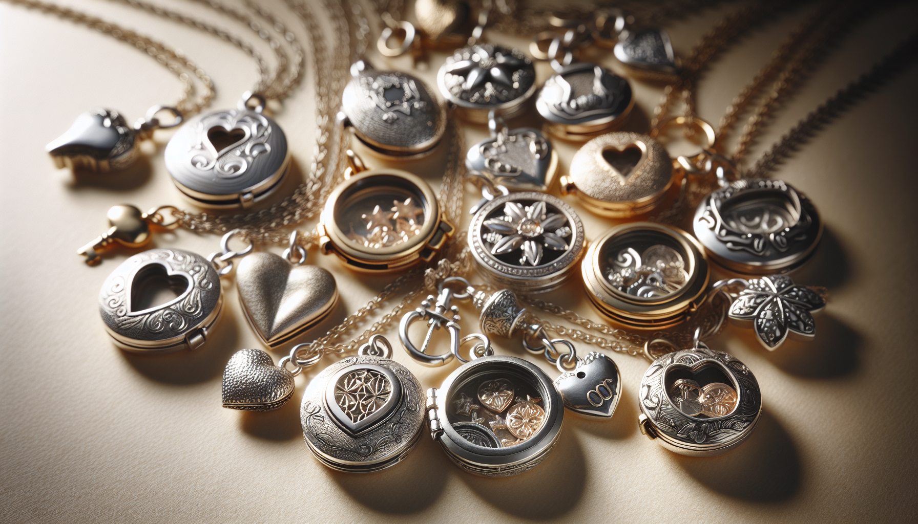 A collection of small, charming and intricate locket jewelry with various types of charms carefully crafted. The material of the lockets ranges from silver to gold, all adorned with delicate etchings.