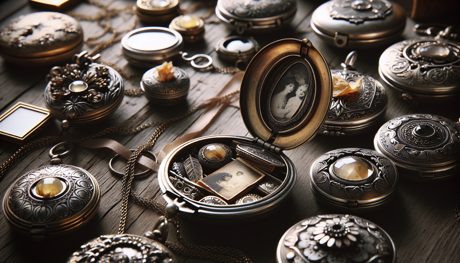 Capture the elegance and intimacy of locket pendants. The scene should include an array of vintage lockets opened up to reveal hidden memories and secrets. Each one should hold unique mementos; a blac