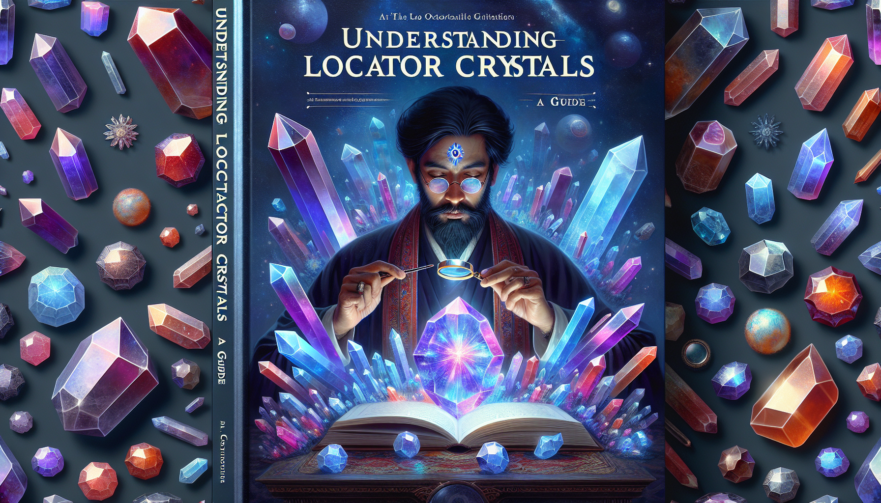 An informational guidebook cover titled 'Understanding Locator Crystals: A Guide'. The cover features an array of different locator crystals in various sizes and colors, arranged aesthetically. There'