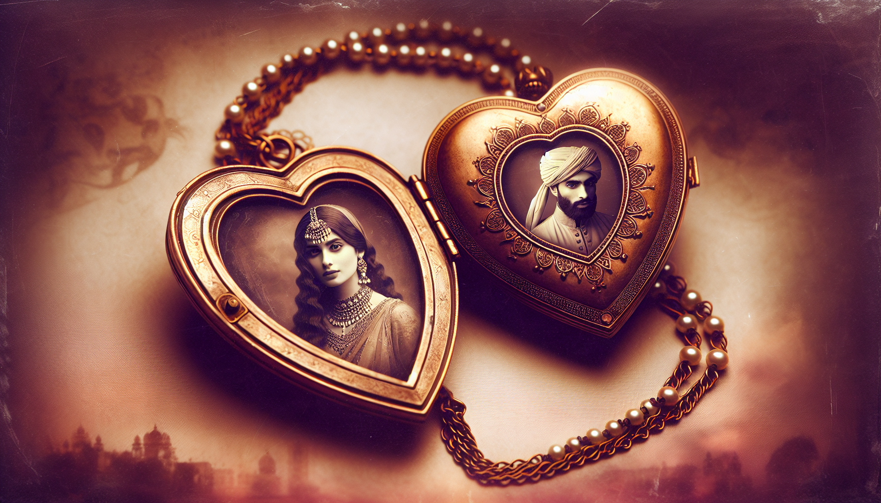 A visual depiction of a heart-shaped antique locket that is open to reveal a pair of old sepia-toned photos. The photos in the locket capture two intimate memories; the first portrays a South Asian ma