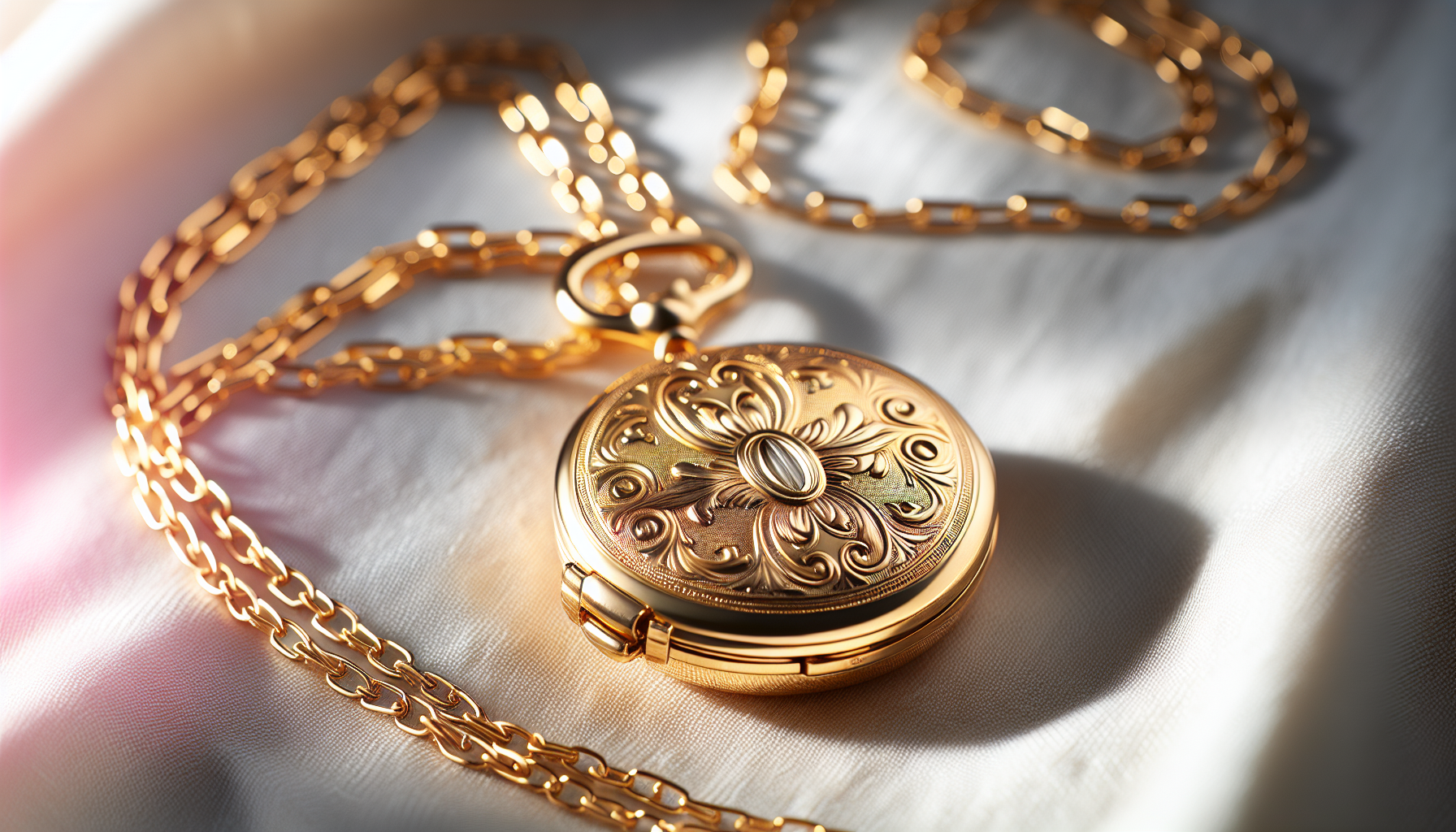 An image exuding timeless elegance defined by gold locket chains. Showcase a close-up view of a golden locket suspended from a chain. The locket features intricate, delicate engravings and the chain i