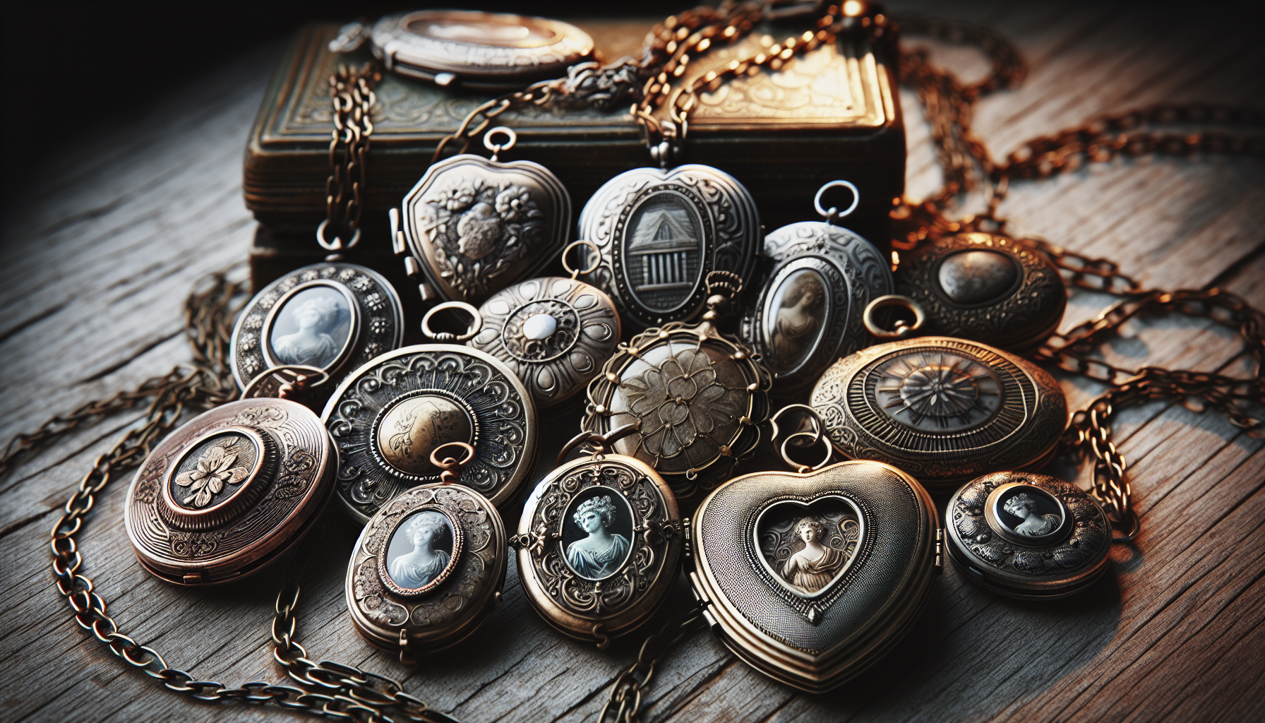 A collection of vintage lockets is presented. They're timeless pieces of jewelry, found nestled within an old jewelry box. Each locket is unique, with its own detailed engraving and design, embodying 