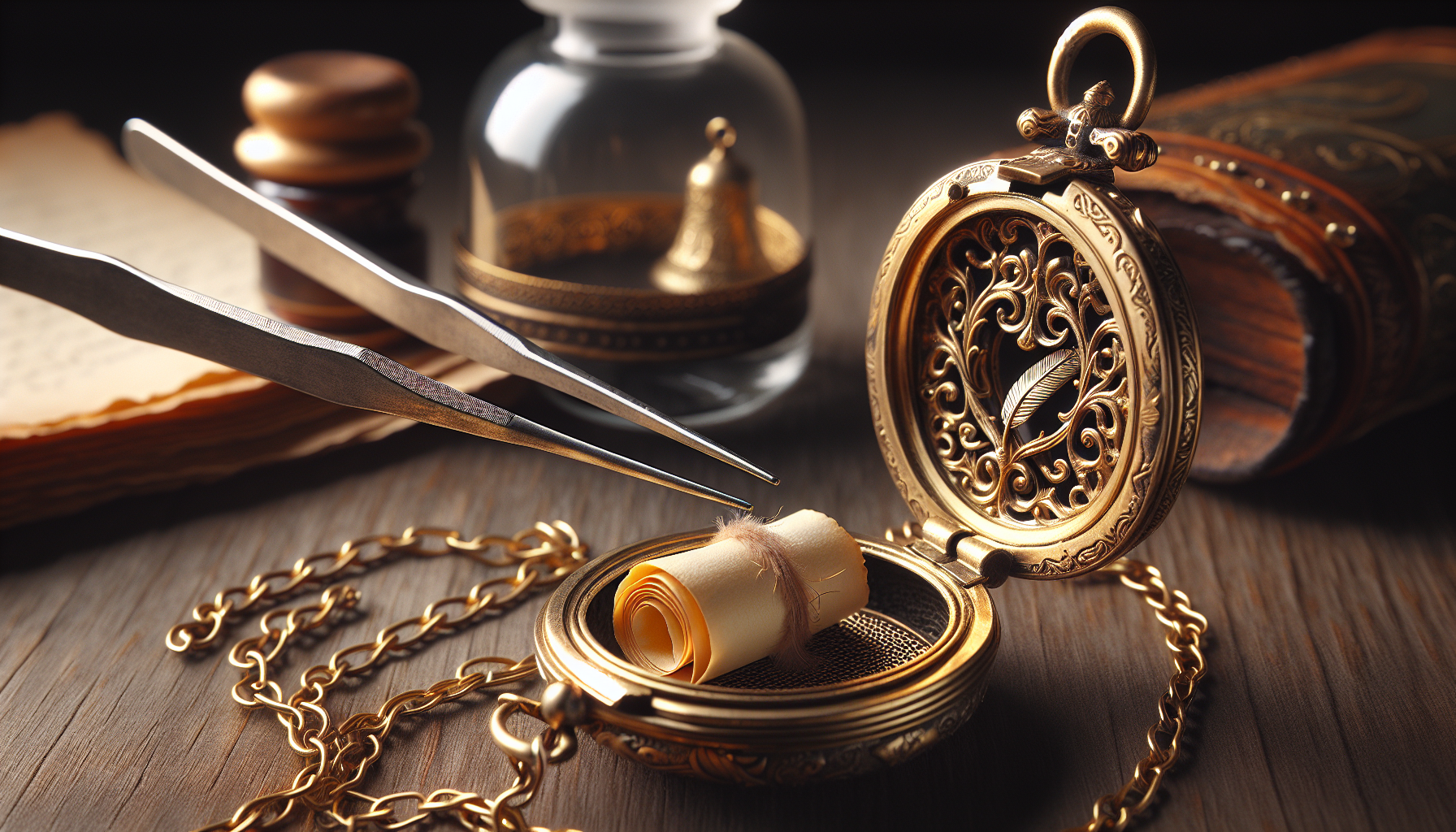 An intricately designed golden locket being opened by a pair of fine tweezers. Inside the locket, a tiny, rolled up piece of parchment is revealed, about to be carefully taken out and unrolled to unve