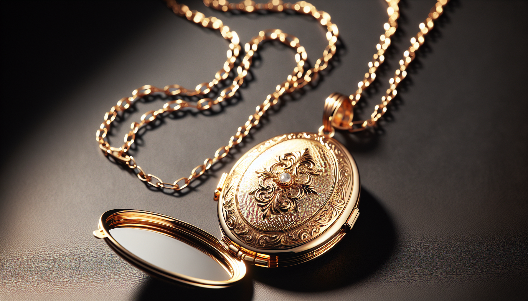 A beautifully crafted locket hanging on a fine chain. It carries an aura of timeless elegance. The pendant itself is a classic oval shape, with intricate engravings adorning its gold exterior. It open