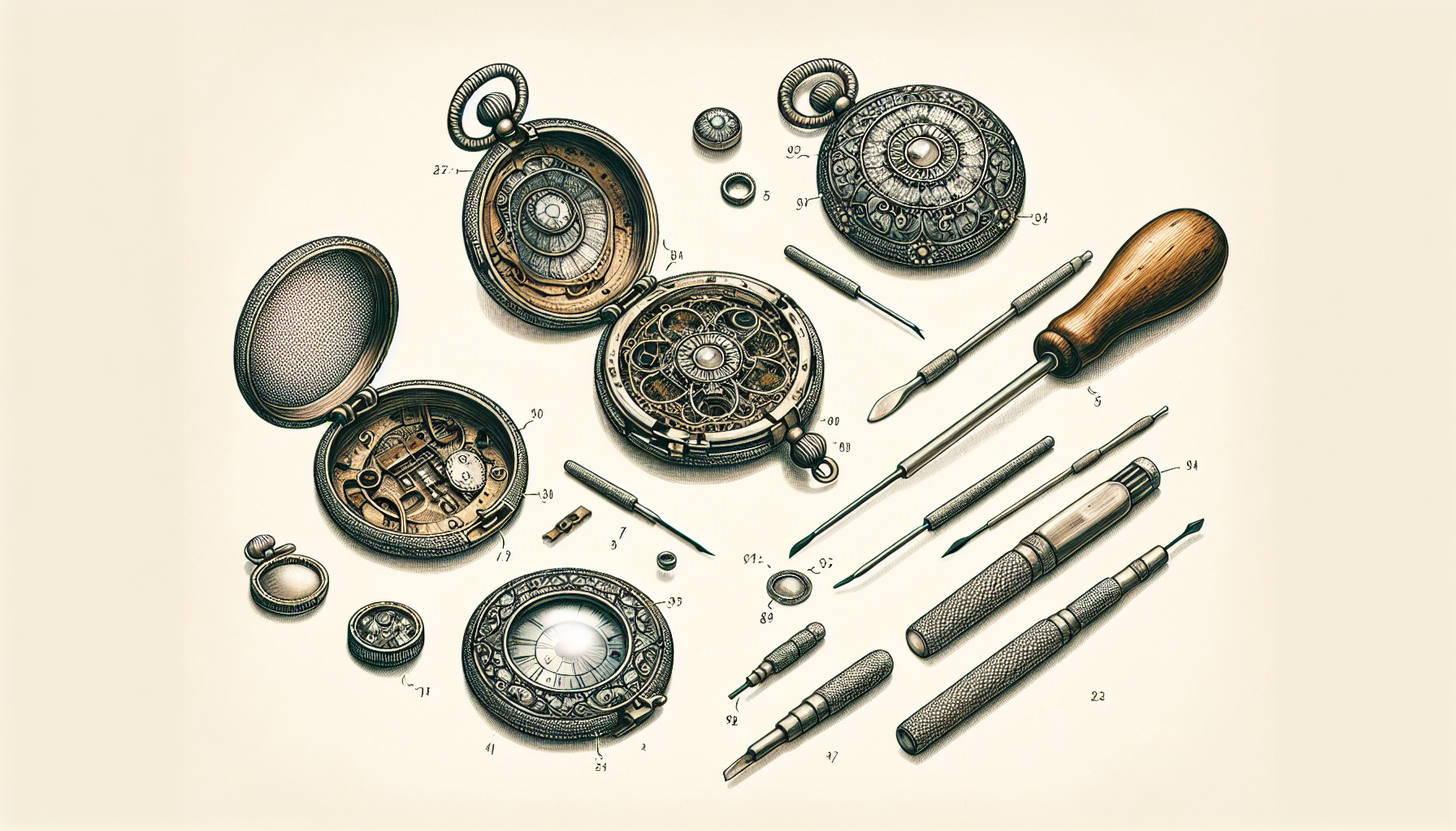 A detailed visual guide of repairing a locket. The first image shows the broken locket, perhaps a vintage piece with intricate metallic details. The second image presents the required tools: small scr