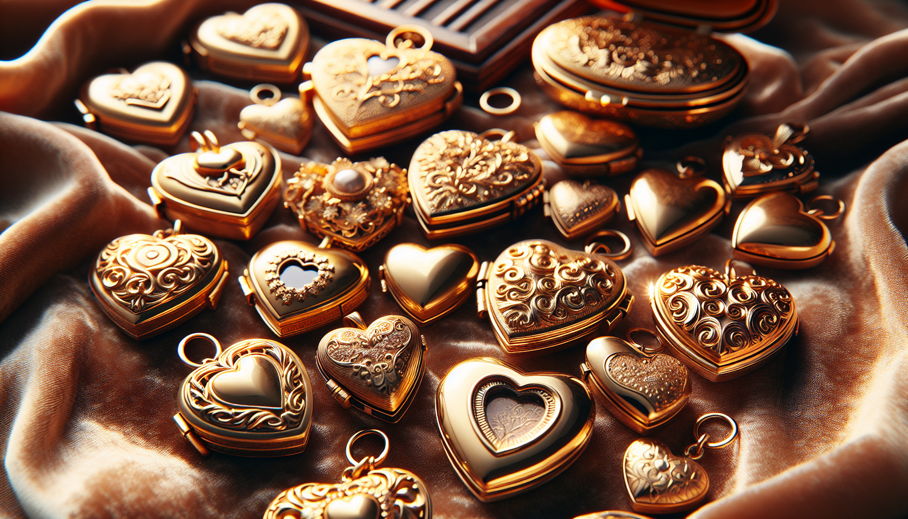 Capture the captivating allure of Gold Heart Lockets. Picture a scene where a variety of these gold heart-shaped lockets are displayed on velvet cloth, their brilliant gold color reflecting in the sof
