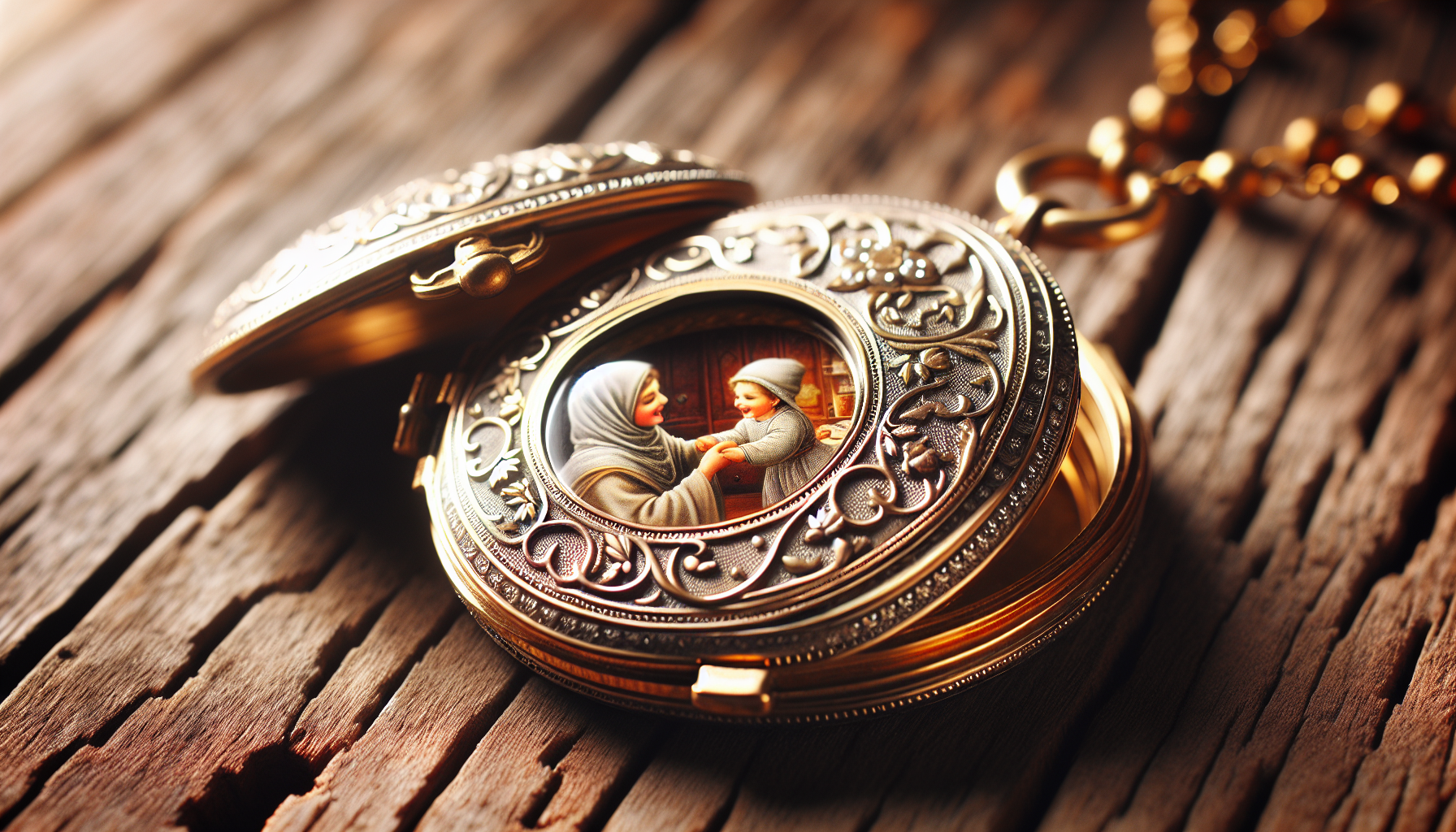 Close-up image of a delicate antique locket, made of polished gold and decorated with intricate engravings. The locket is open, revealing inside the tiny picture of a sentimental scene: a happy Middle