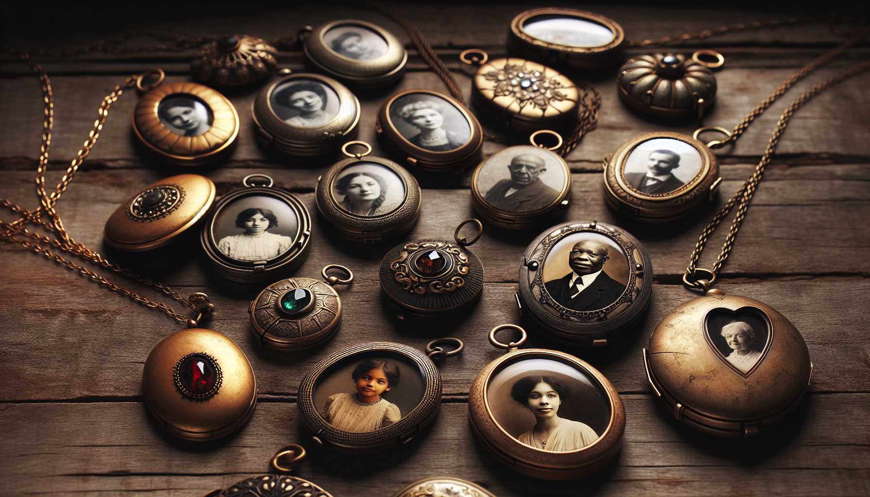 Envision an antique scene: a collection of picture locket pendants elegantly laid out on a vintage wooden table. They exude an air of nostalgia, each housing different cherished memories. Some open to