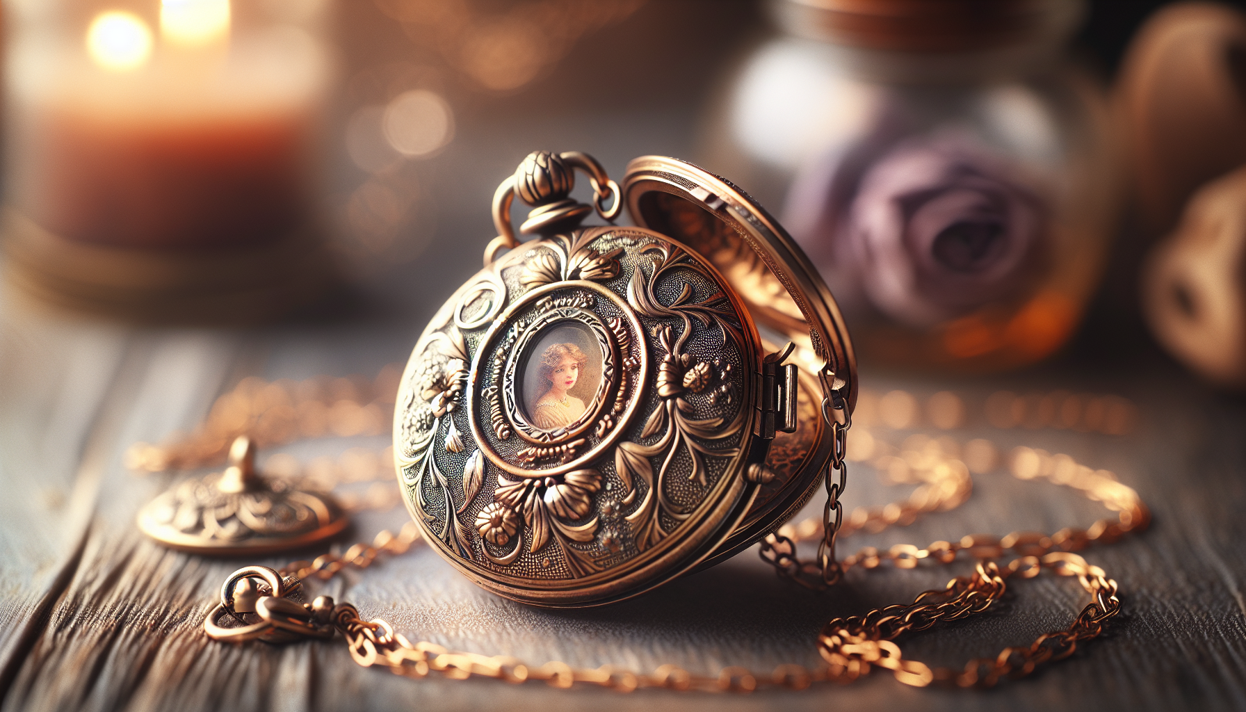 A soothing exploration of locket pendant necklaces, capturing their irreplaceable charm. This scene displays an ornate locket with an intricate floral pattern, delicately hanging from a sturdy, yet el