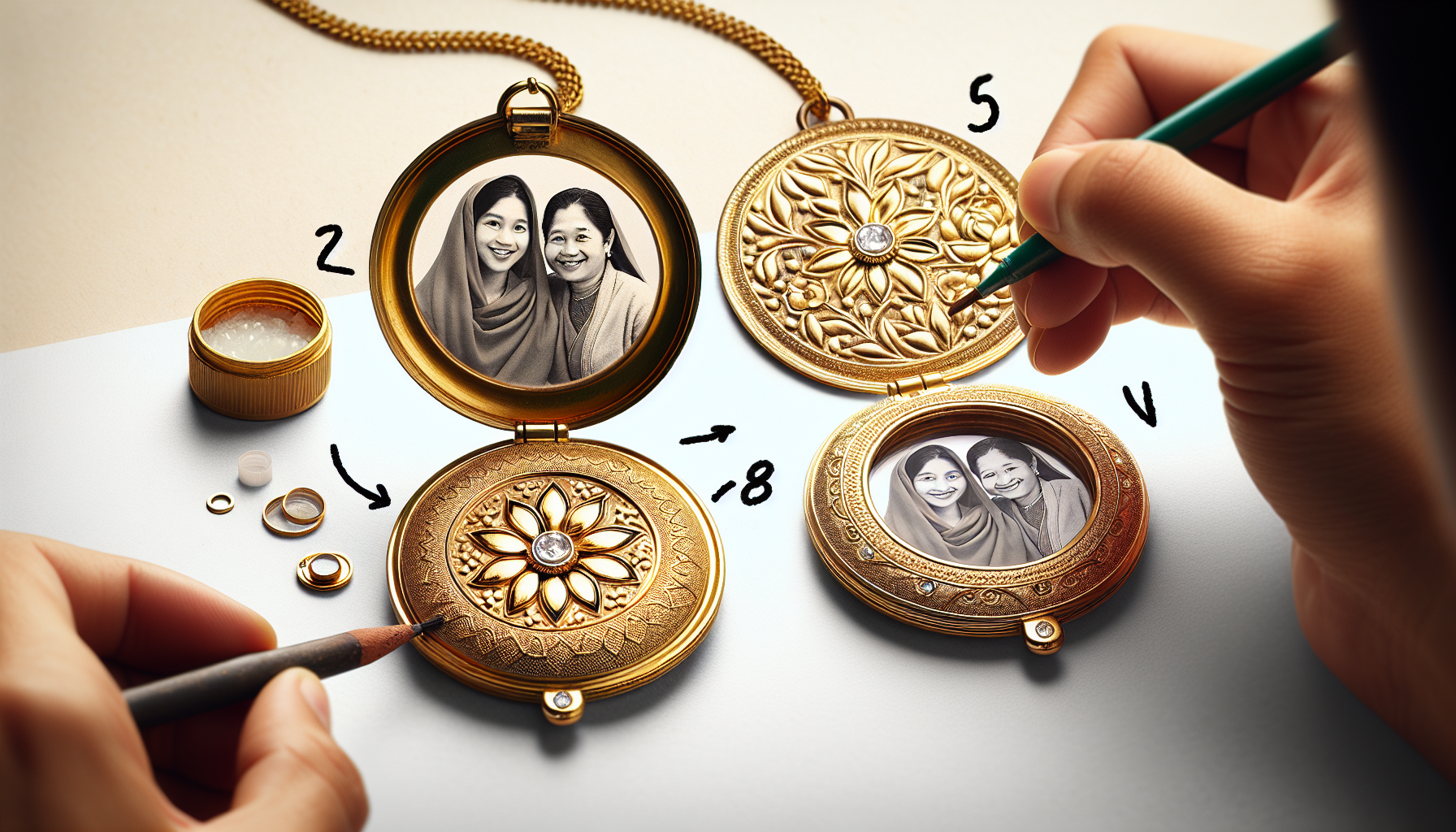 Visualize the process of creating and customizing a gold picture locket. The steps should start from a blank round locket. The locket is being adorned with intricate floral patterns and small precious
