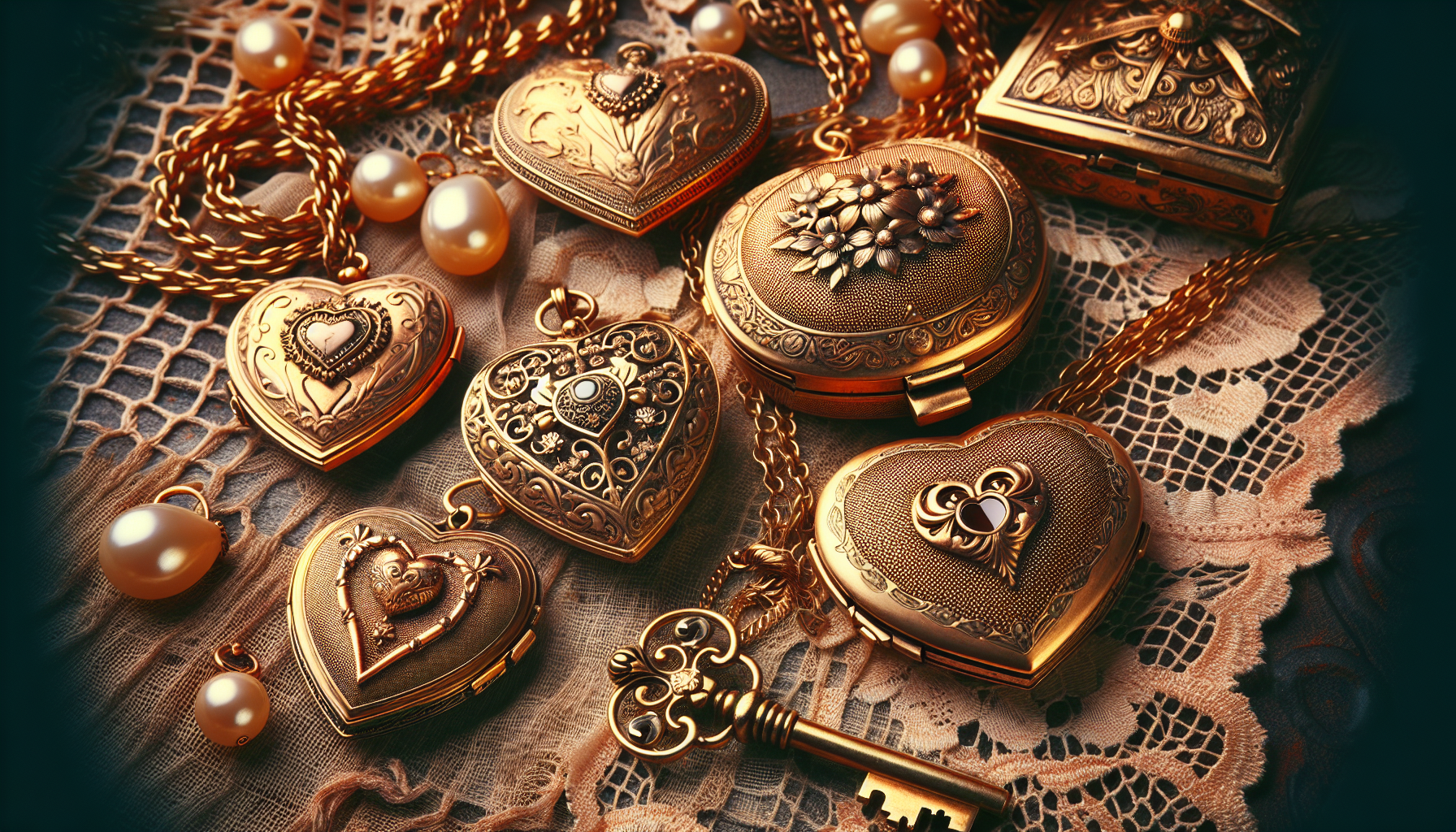 Depict a captivating scene of olden days charm with an emphasis on love. It should showcase items of antique jewelry, particularly golden heart-shaped lockets. They might be lying against a backdrop o