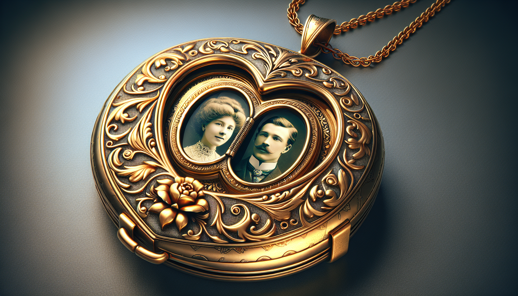 A depiction of an ornate gold locket necklace, styled in vintage fashion. The front of the locket displays intricate engravings, perhaps floral or other such delicate patterns. Inside the locket, ther