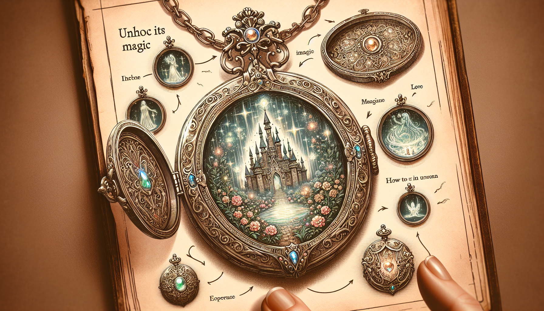 Imagine a stunning visual guide detailing a magical locket necklace. It is an ornate, antique piece with a sophisticated design, encrusted with sparkling gems, probably seen in an old fairy tale. The 