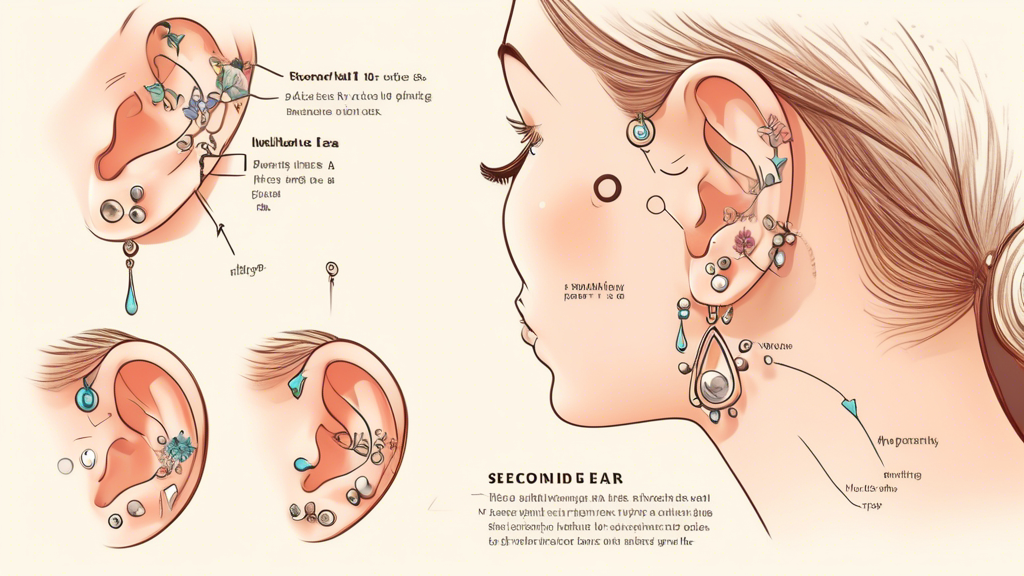 A stylish, illustrated step-by-step guide on how to properly get a second ear piercing, featuring a close-up of a beautifully decorated ear with multiple earrings, with annotations pointing out key aftercare tips.